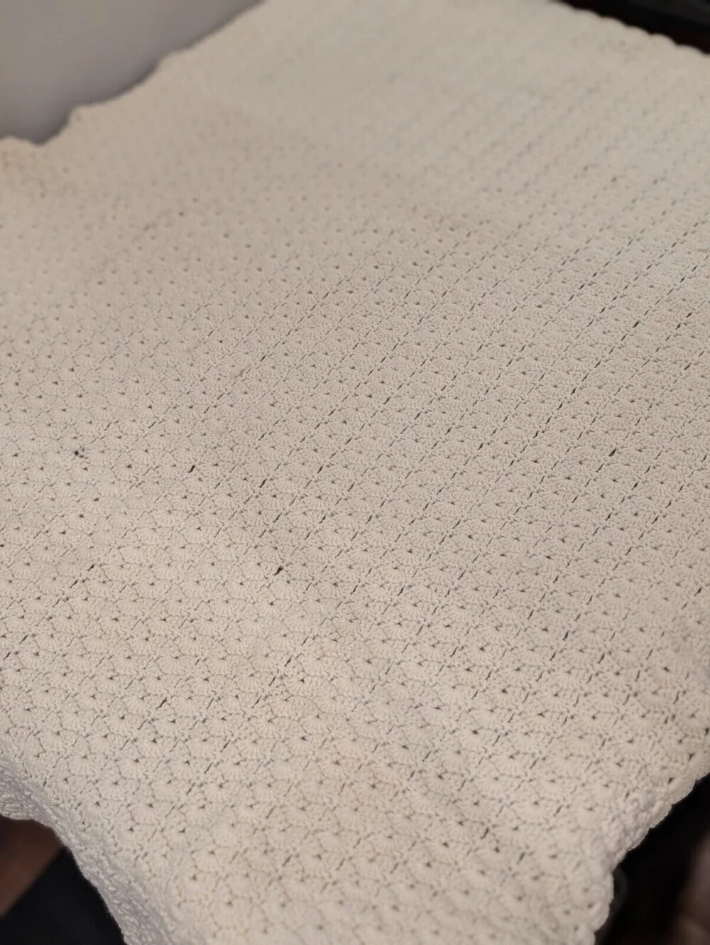 Hand Crocheted Ivory Cream Afghan Throw Crib Blanket 36x48 Scalloped Edge